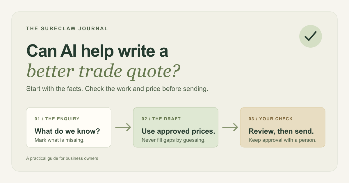 Three steps for using AI to draft a trade quote: check the enquiry, use approved prices, and have a person review it