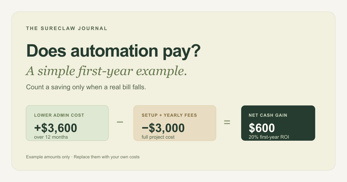 Example first-year automation return: 3,600 dollars in lower admin costs minus 3,000 dollars in costs leaves 600 dollars